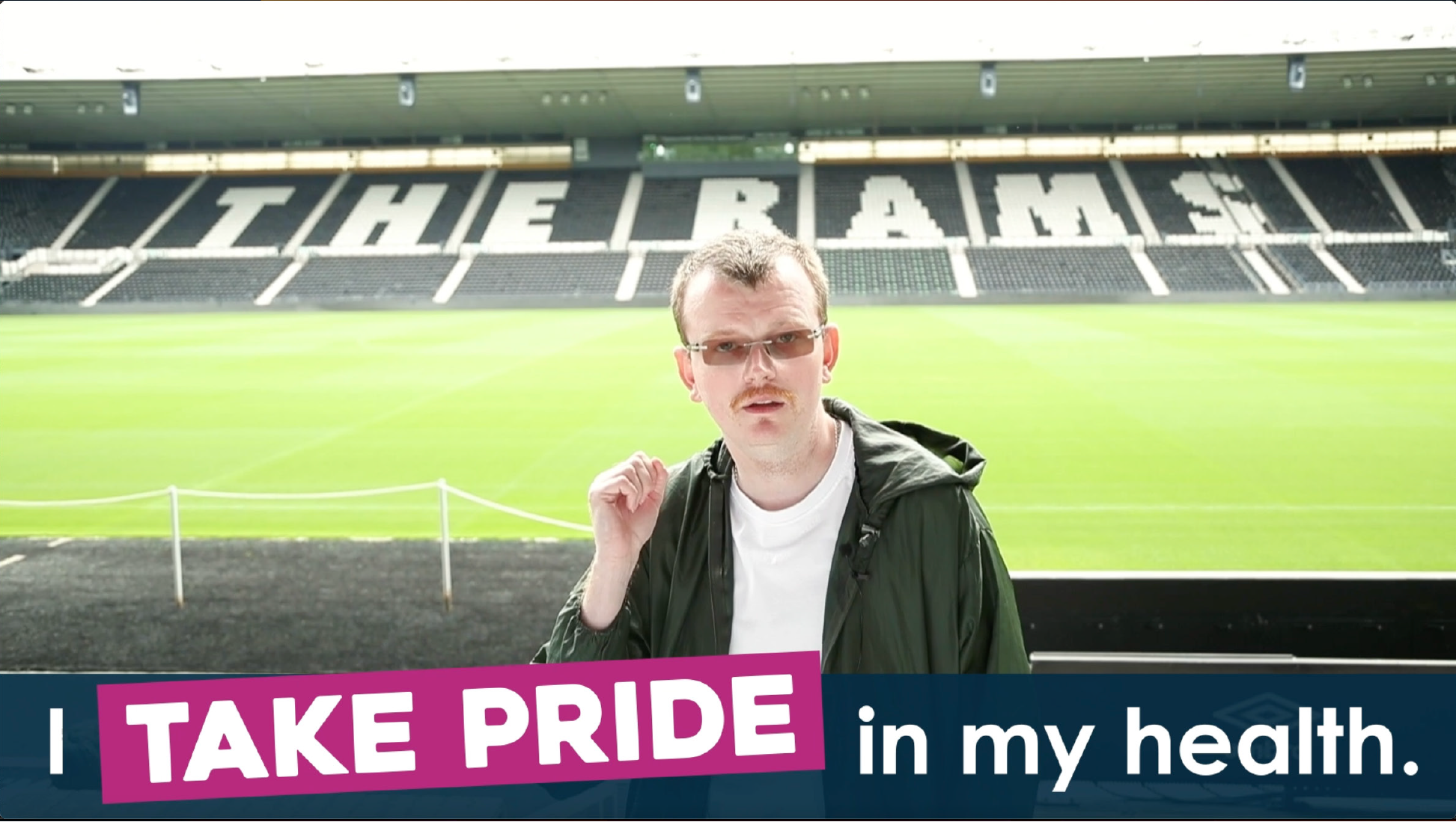 Man at Pride Park Stadium with caption: I take pride in my health